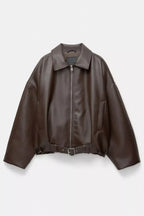 Women's Oversized Faux Leather Jacket with Waist Belt - Brown