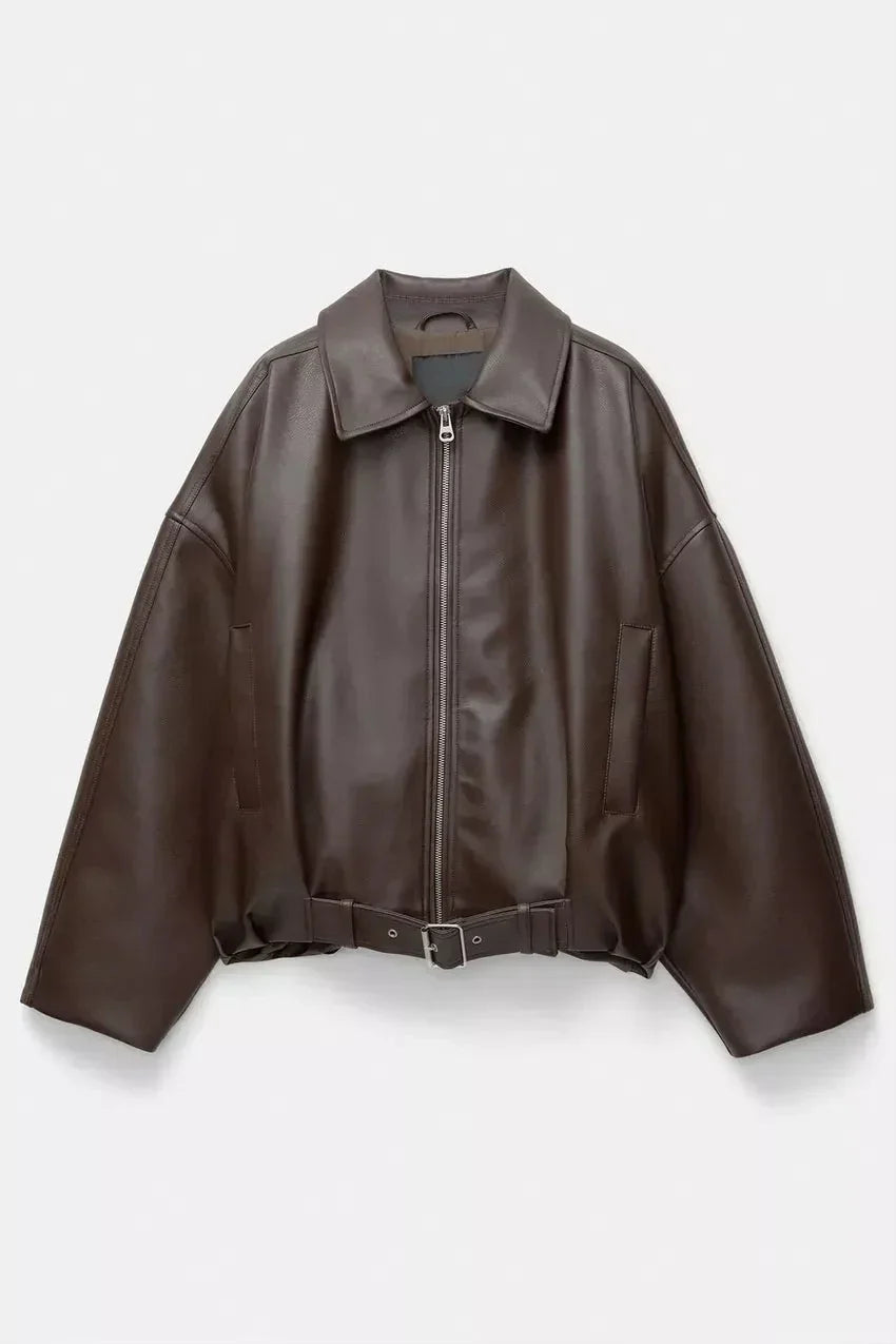 Women's Oversized Faux Leather Jacket with Waist Belt - Brown