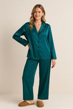 Satin Pyjama Set with Revere Collar and Wide Leg Trousers - 18
