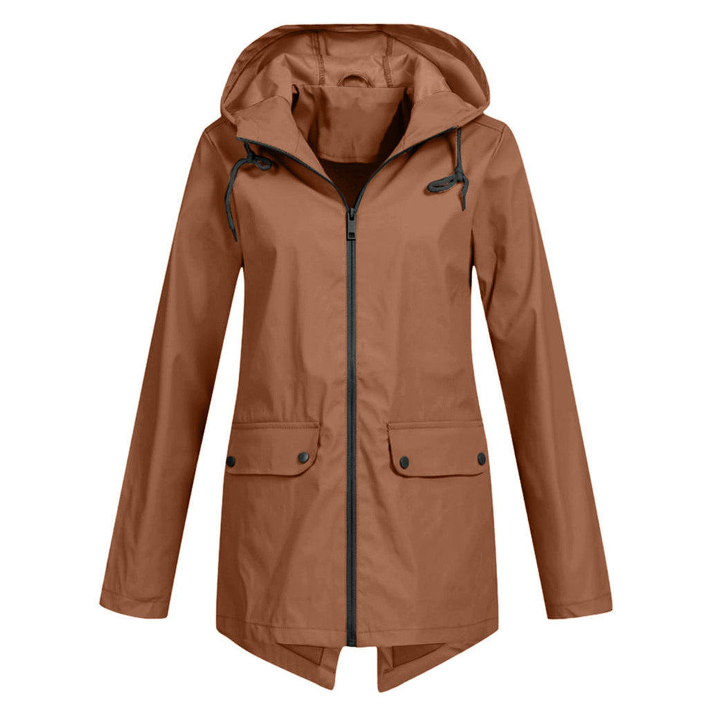 Women's Zip Jacket with Hood and Drawstring Detail - Coffee