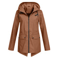 Women's Zip Jacket with Hood and Drawstring Detail - Coffee