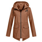 Women's Zip Jacket with Hood and Drawstring Detail - Coffee