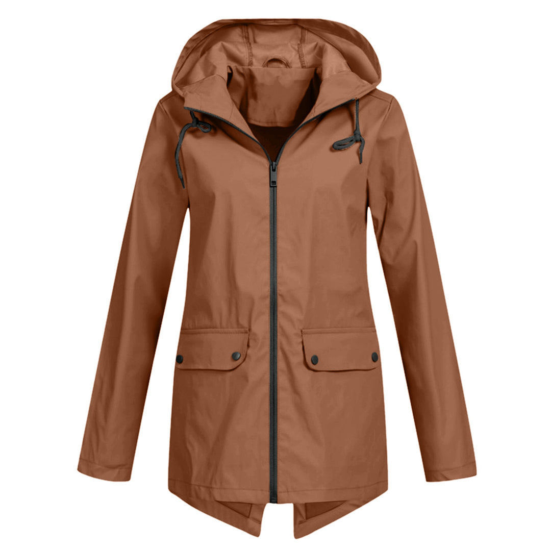 Women's Zip Jacket with Hood and Drawstring Detail - Coffee