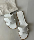 Women's Slip-On Sandals with H-Strap Cutout and Low Heel - White