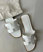Women's Slip-On Sandals with H-Strap Cutout and Low Heel - White