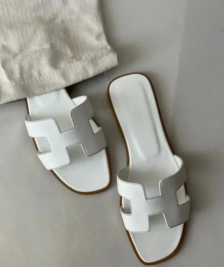 Women's Slip-On Sandals with H-Strap Cutout and Low Heel - White
