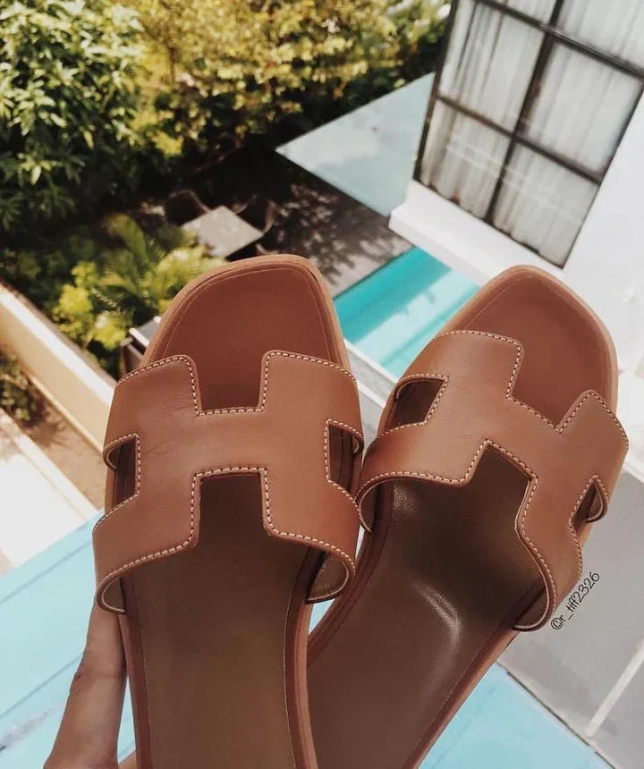 Women's Slip-On Sandals with H-Strap Cutout and Low Heel - 5