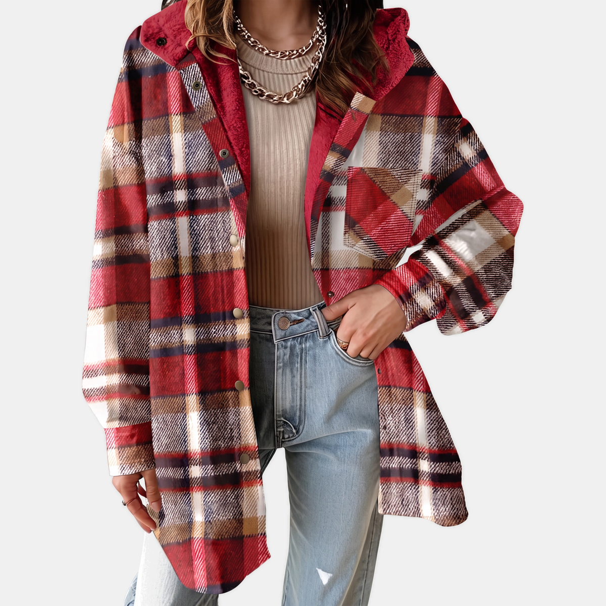 Women's Flannel Hooded Check Shacket Fleece Lined Coat - Fiery Red
