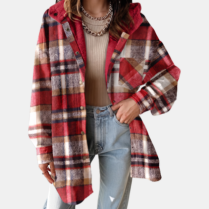 Women's Flannel Hooded Check Shacket Fleece Lined Coat - Fiery Red