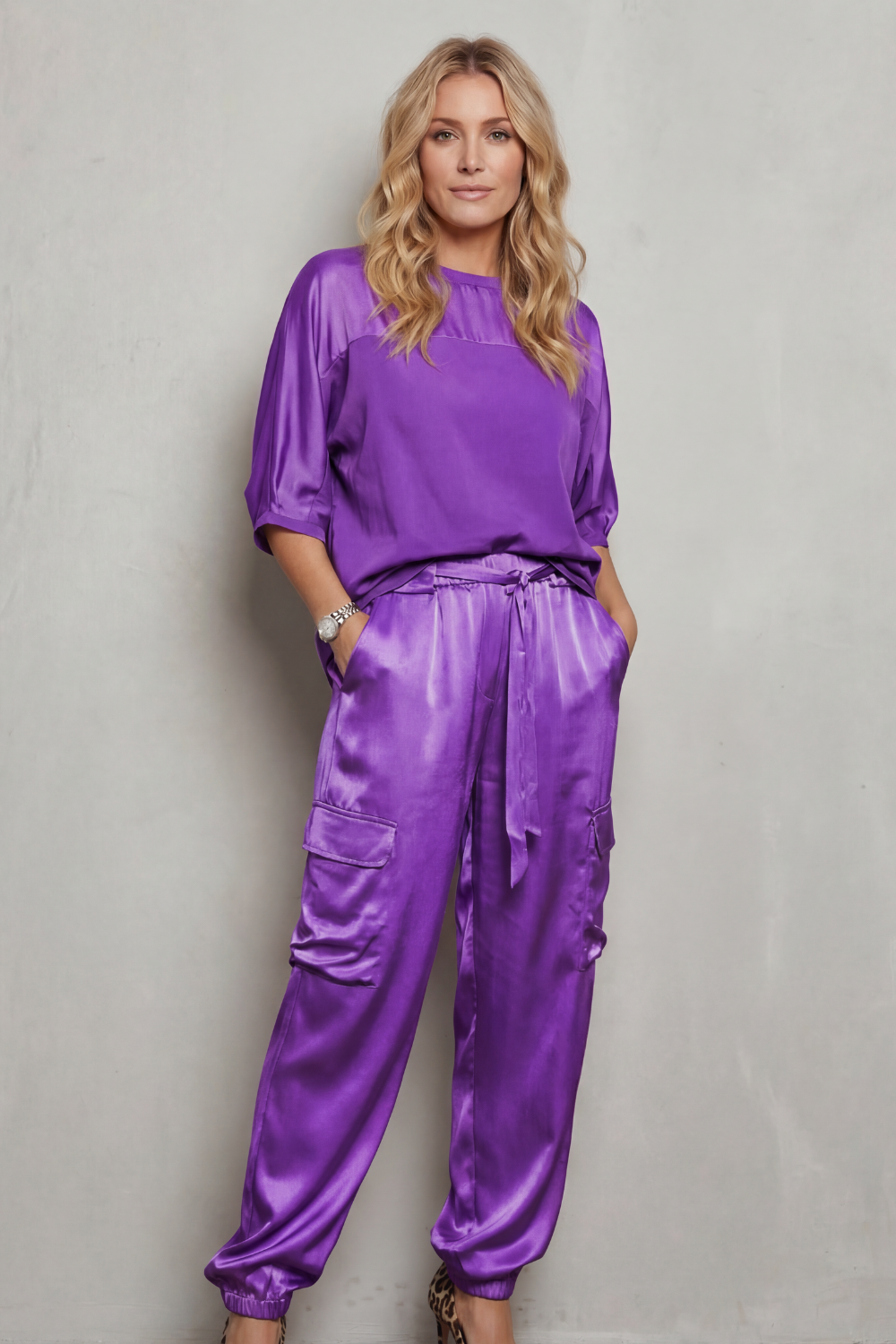 Women's Co-ord Set Short Sleeve Top with Cargo Trousers - Purple