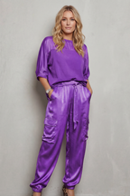 Women's Co-ord Set Short Sleeve Top with Cargo Trousers - Purple