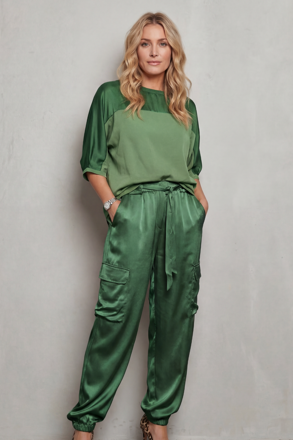 Women's Co-ord Set Short Sleeve Top with Cargo Trousers - Green