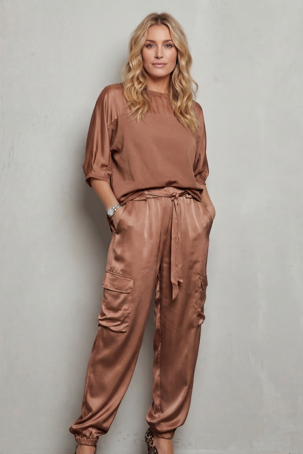 Women's Co-ord Set Short Sleeve Top with Cargo Trousers - Brown