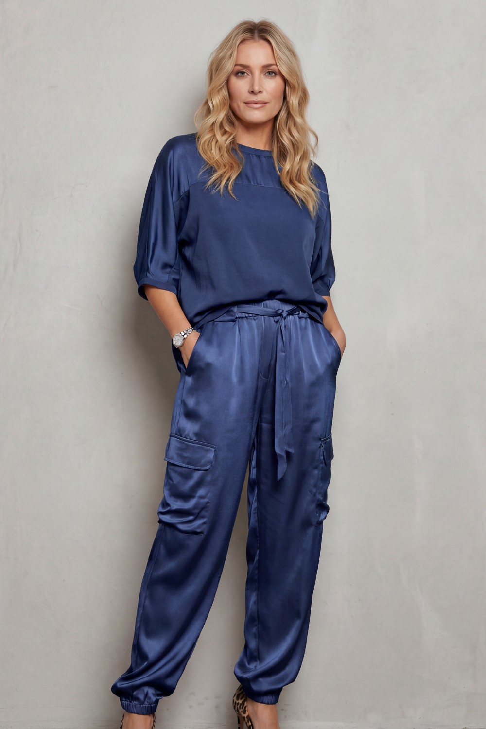 Women's Co-ord Set Short Sleeve Top with Cargo Trousers - Blue