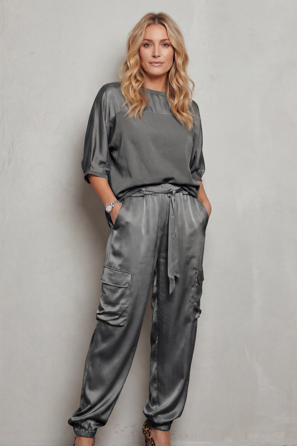 Women's Co-ord Set Short Sleeve Top with Cargo Trousers - Grey
