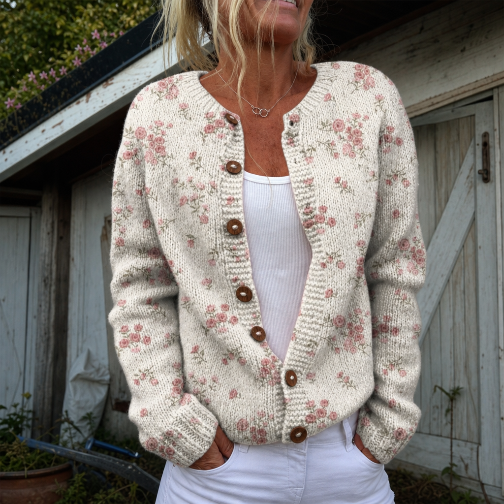 Women's Cardigan with Rose Petal Print and Button Front