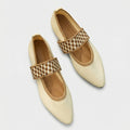 Women's Mary Jane Flats with Elastic Strap and Pointed Toe - Beige