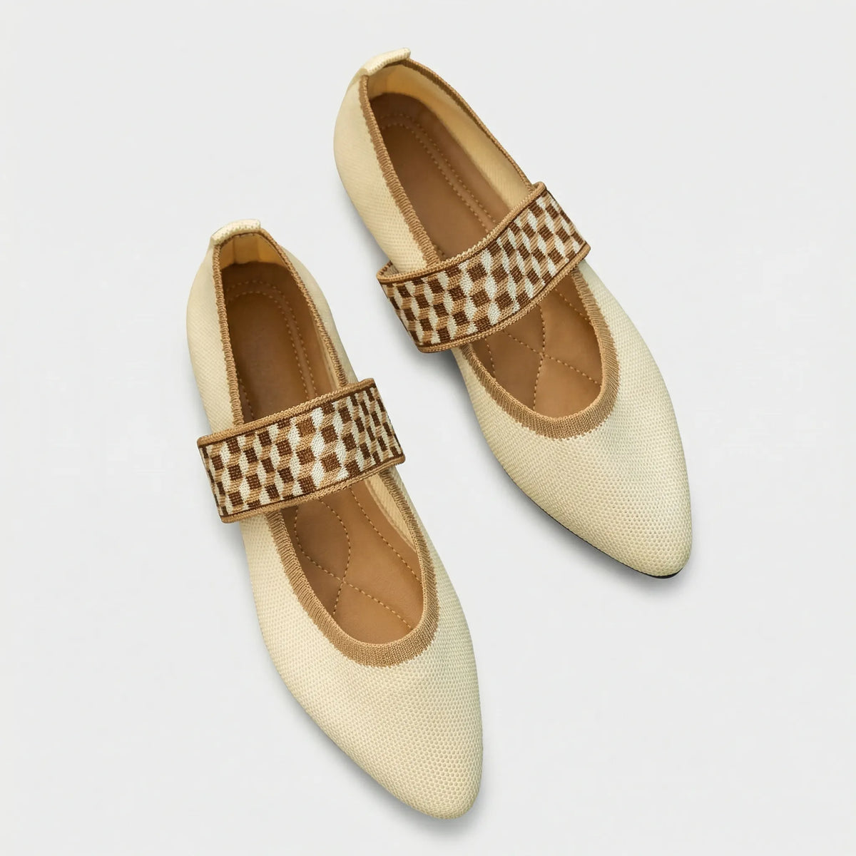 Women's Mary Jane Flats with Elastic Strap and Pointed Toe - Beige