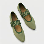 Women's Mary Jane Flats with Elastic Strap and Pointed Toe - Green