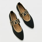 Women's Mary Jane Flats with Elastic Strap and Pointed Toe - Black