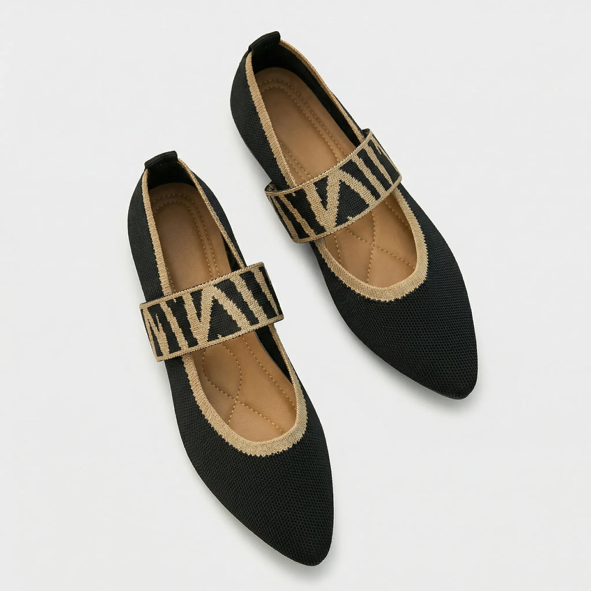 Women's Mary Jane Flats with Elastic Strap and Pointed Toe - Black