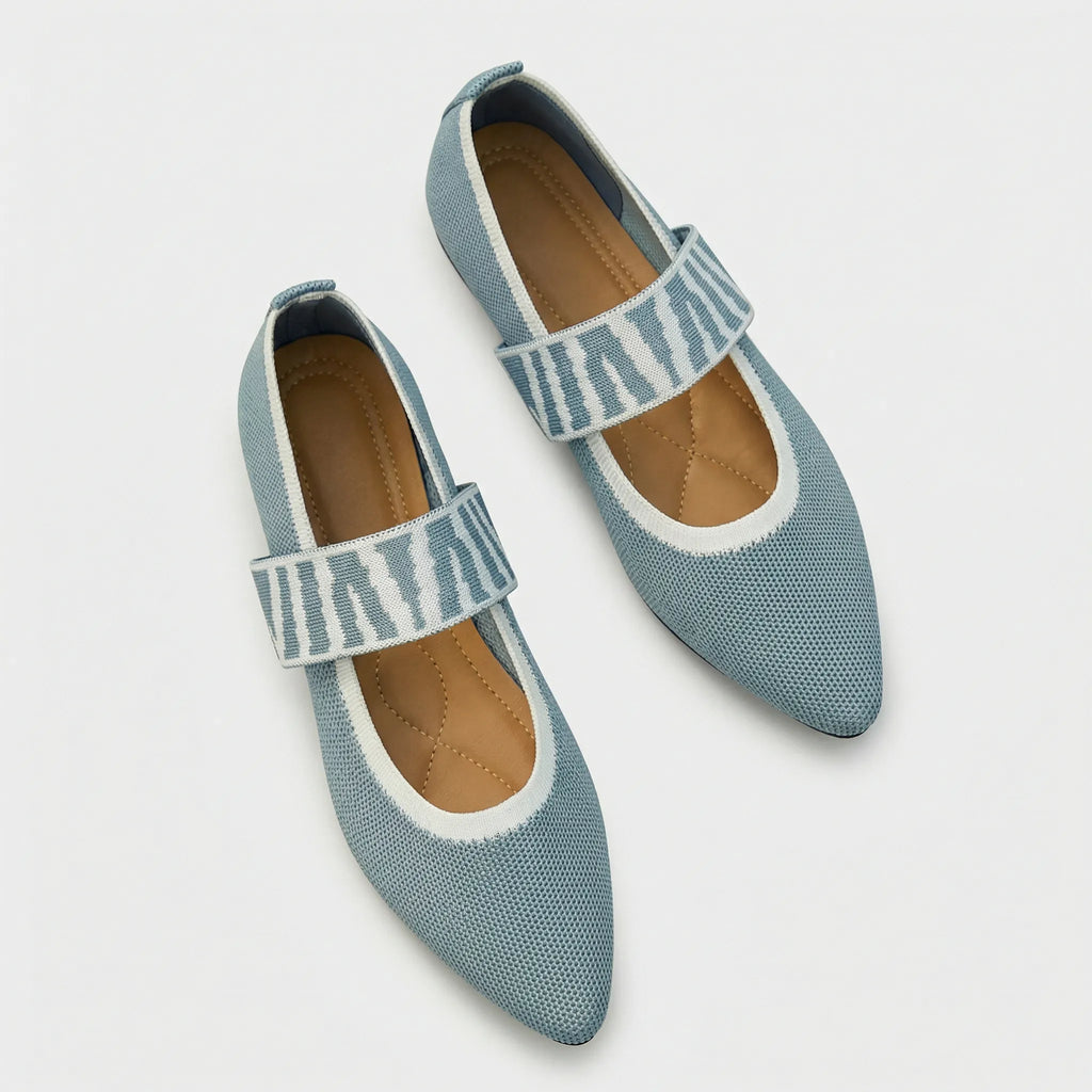 Women's Mary Jane Flats with Elastic Strap and Pointed Toe - Grey