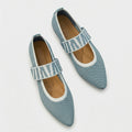 Women's Mary Jane Flats with Elastic Strap and Pointed Toe - Grey