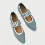 Women's Mary Jane Flats with Elastic Strap and Pointed Toe - Grey