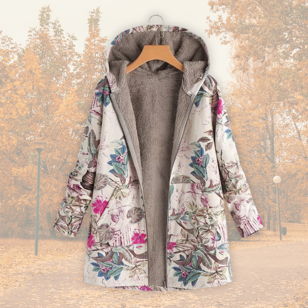 Women's Hooded Jacket with Floral Print and Zip Fastening - 2