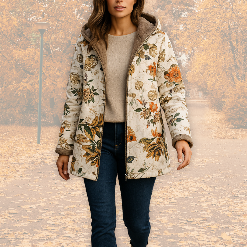 Women's Hooded Jacket with Floral Print and Zip Fastening