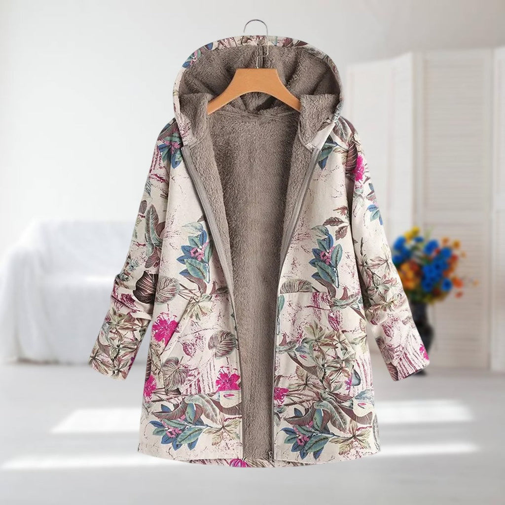 Women's Hooded Jacket with Floral Print and Zip Fastening - Pink