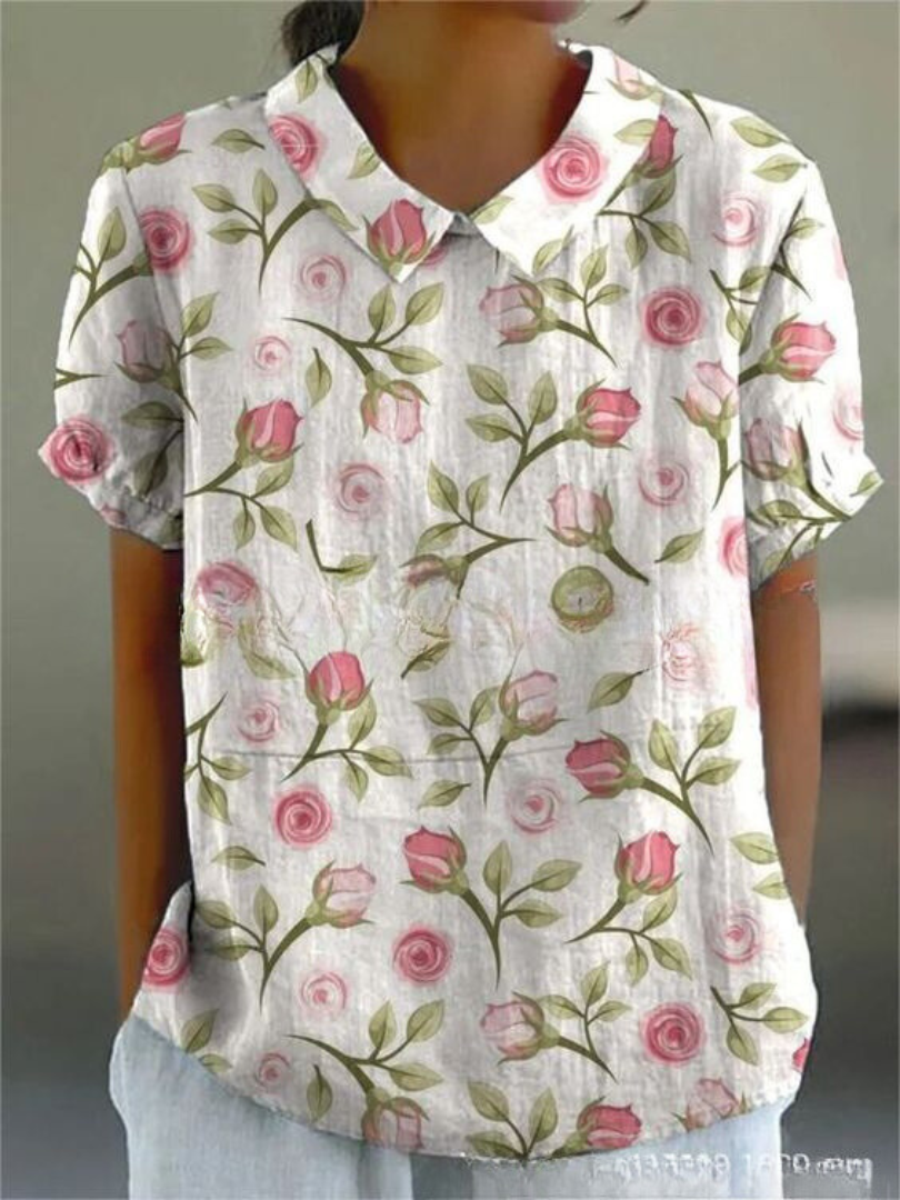 Women's Blouse Puff Sleeve with Collar and Floral Embroidery - Light Pink with Floral Print