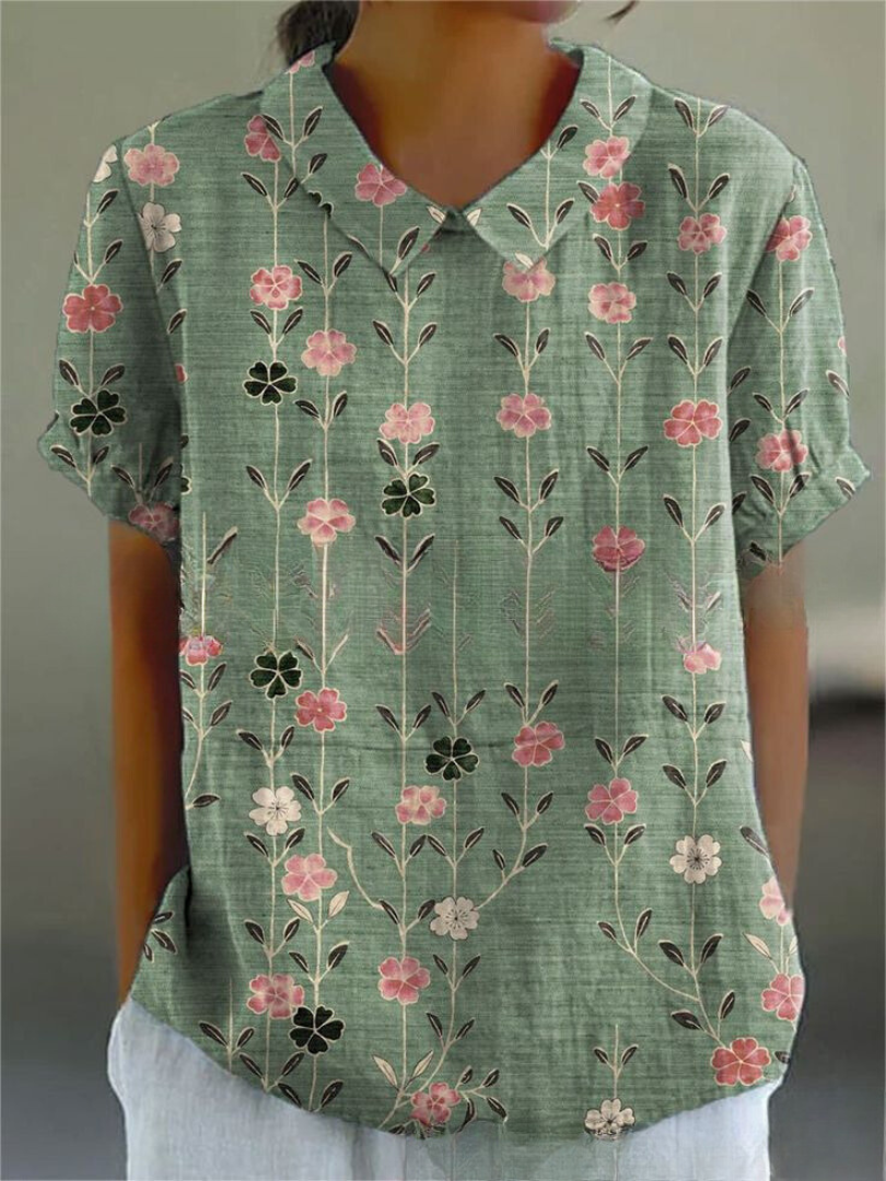 Women's Blouse Puff Sleeve with Collar and Floral Embroidery - Floral Print