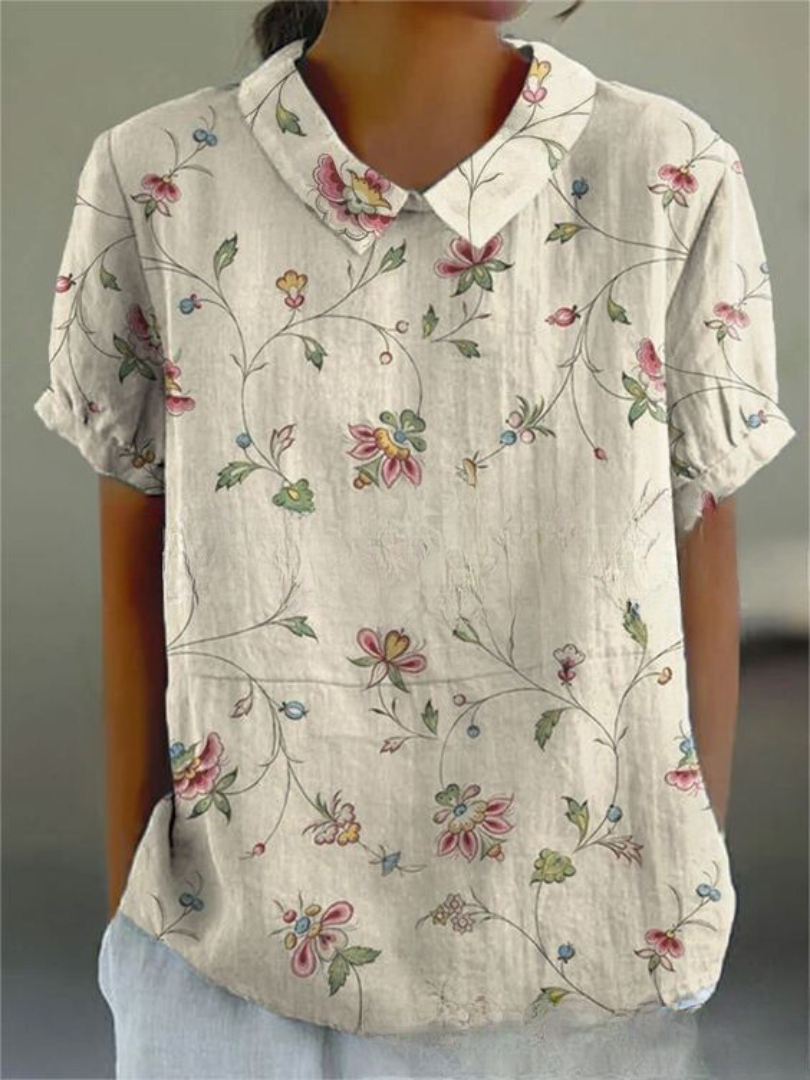 Women's Blouse Puff Sleeve with Collar and Floral Embroidery - Old Yellow