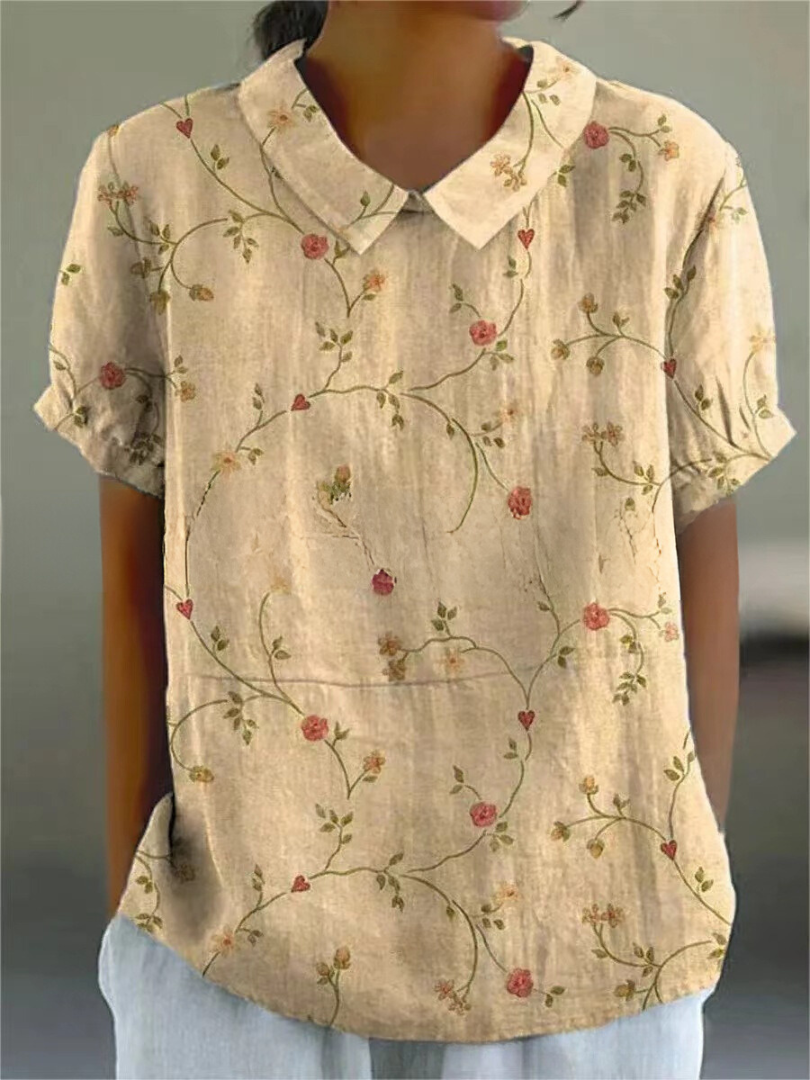 Women's Blouse Puff Sleeve with Collar and Floral Embroidery - Apricot