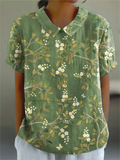 Women's Blouse Puff Sleeve with Collar and Floral Embroidery - Green