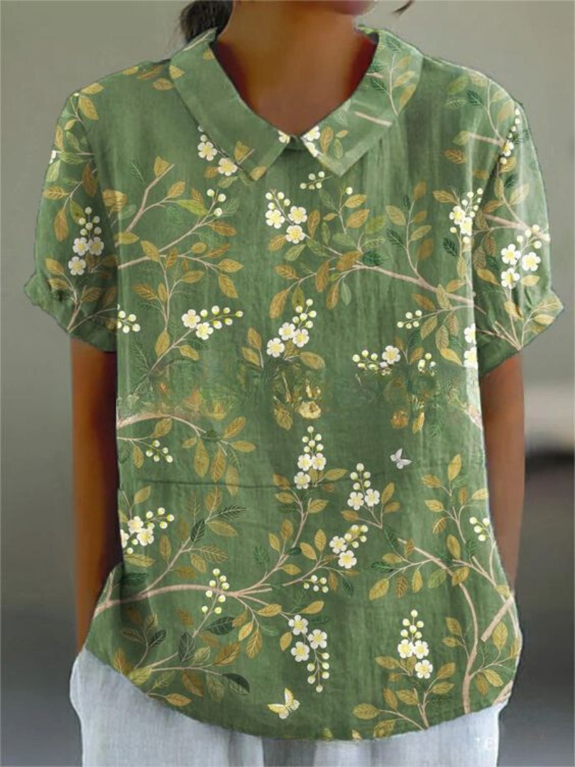 Women's Blouse Puff Sleeve with Collar and Floral Embroidery - Green