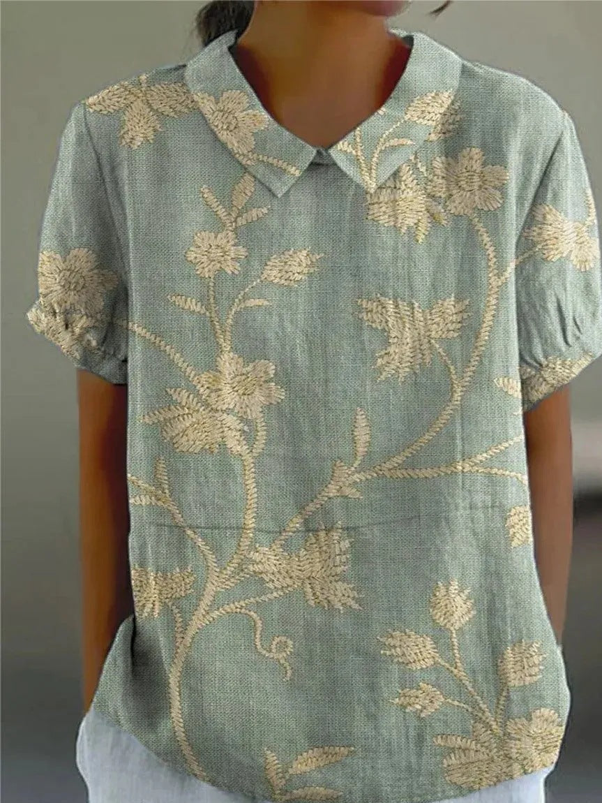 Women's Blouse Puff Sleeve with Collar and Floral Embroidery - Green-Yellow