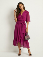 Women's Wrap Midi Dress with Kimono Sleeves and Tie Belt - Dark Purple