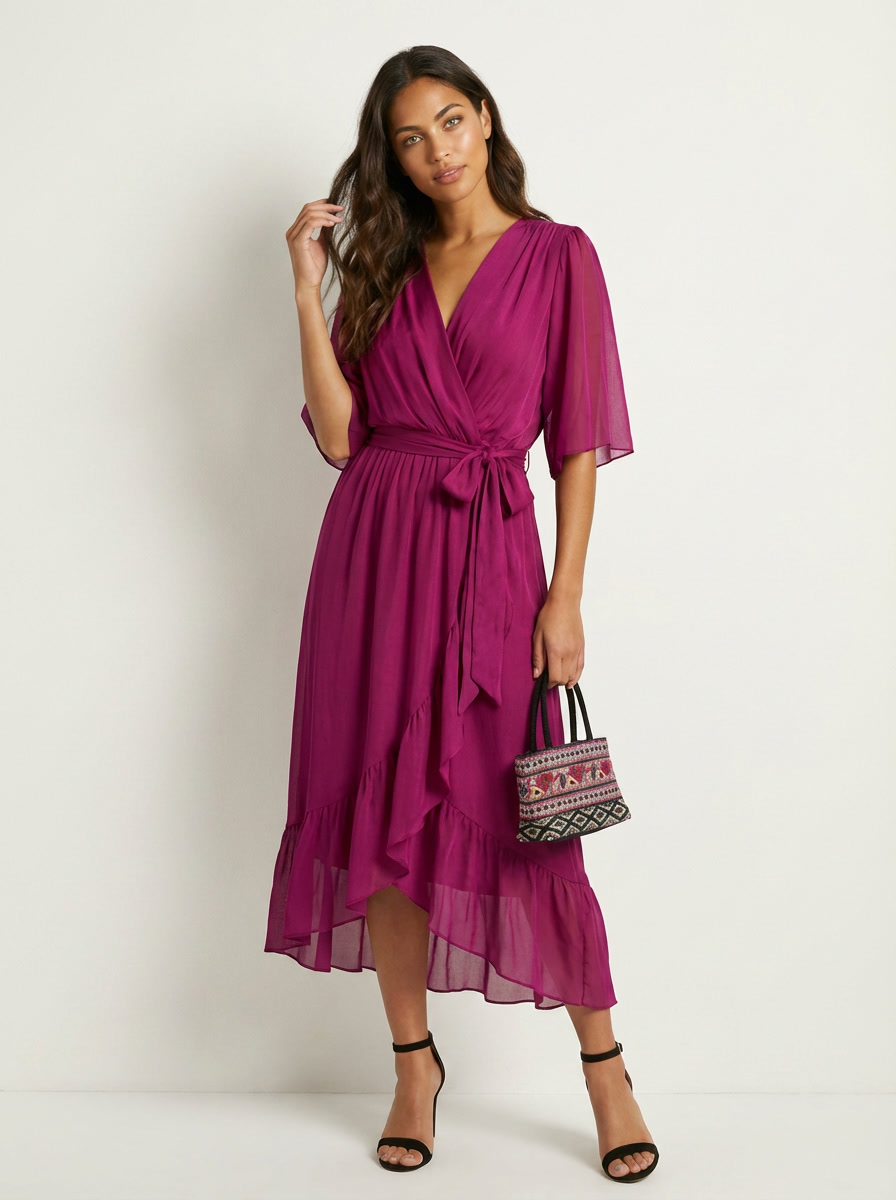 Women's Wrap Midi Dress with Kimono Sleeves and Tie Belt - Dark Purple