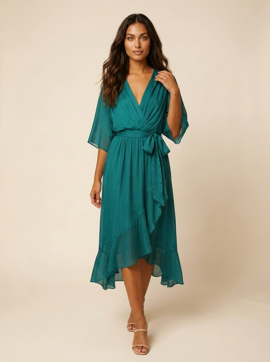 Women's Wrap Midi Dress with Kimono Sleeves and Tie Belt - Navy
