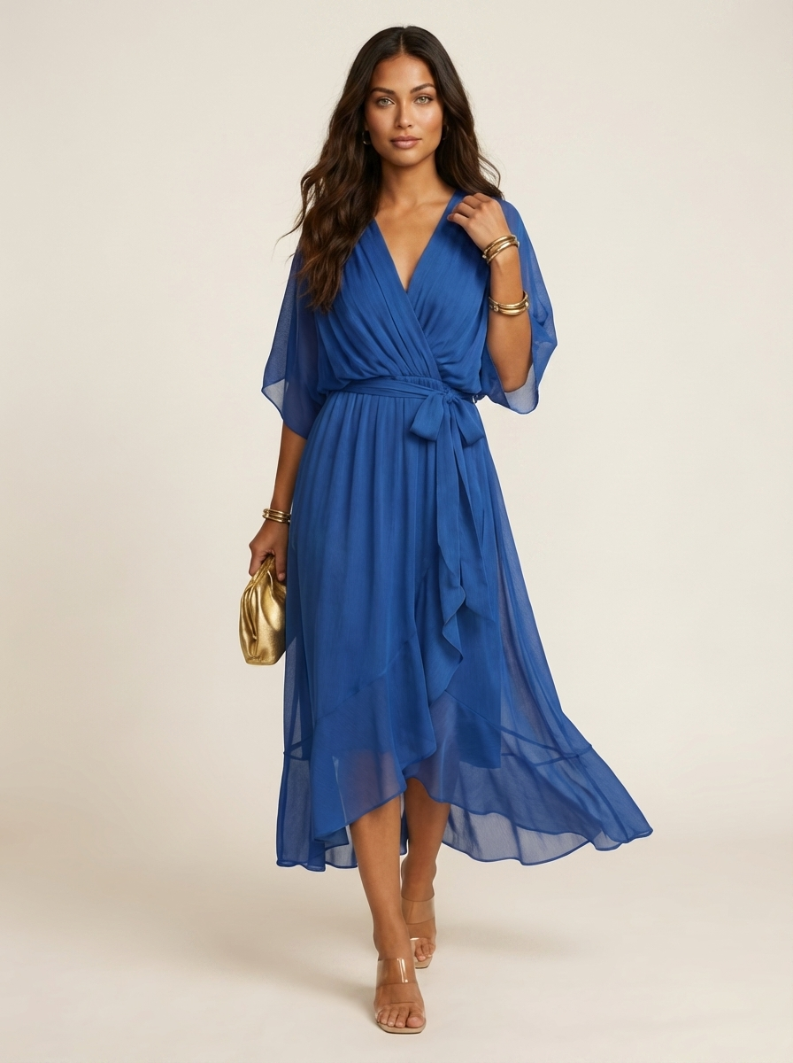 Women's Wrap Midi Dress with Kimono Sleeves and Tie Belt - Blue