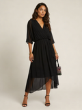 Women's Wrap Midi Dress with Kimono Sleeves and Tie Belt - Black