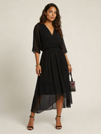 Women's Wrap Midi Dress with Kimono Sleeves and Tie Belt - Black
