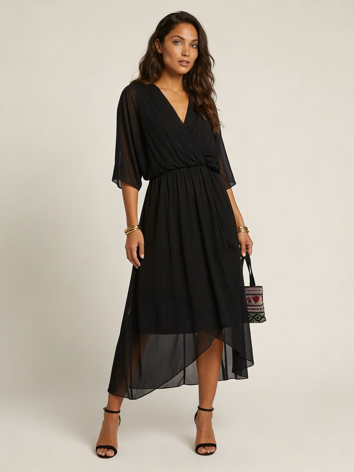 Women's Wrap Midi Dress with Kimono Sleeves and Tie Belt - Black