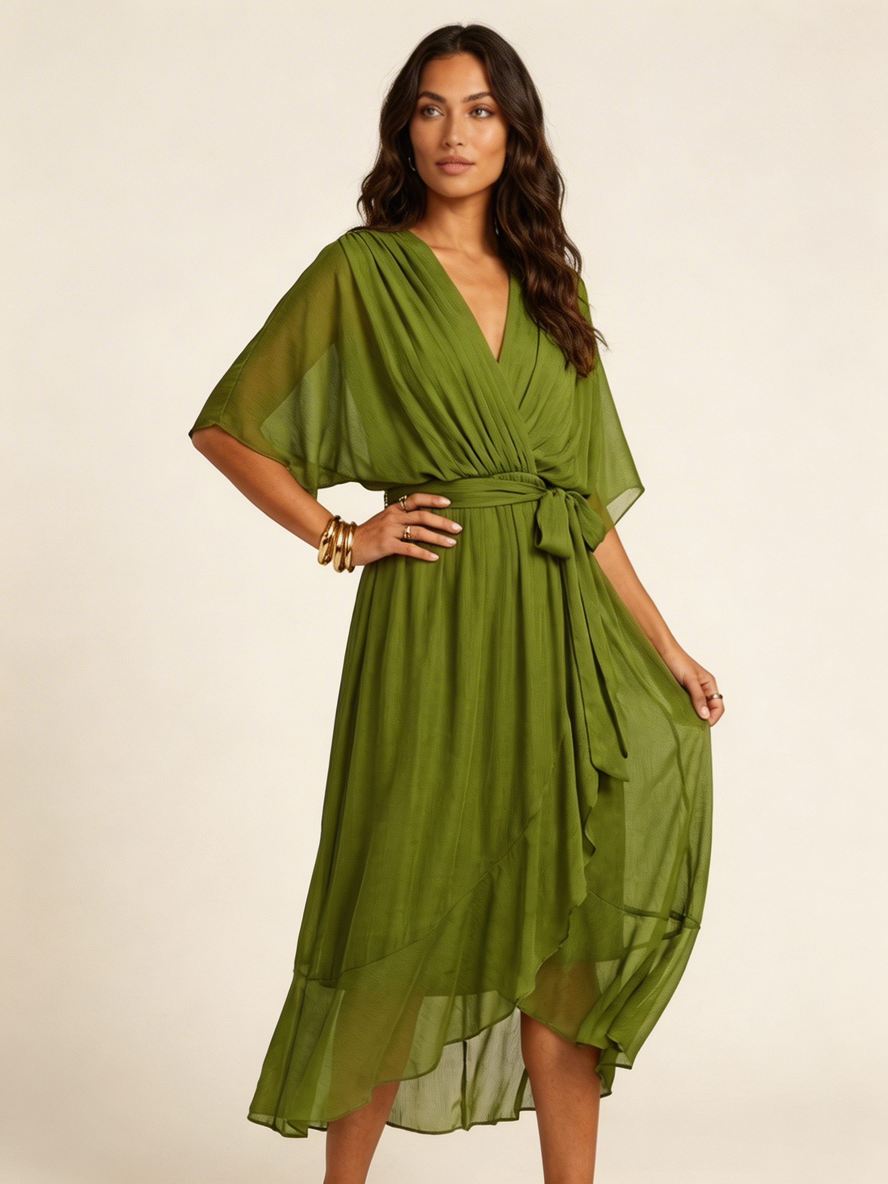 Women's Wrap Midi Dress with Kimono Sleeves and Tie Belt - Green