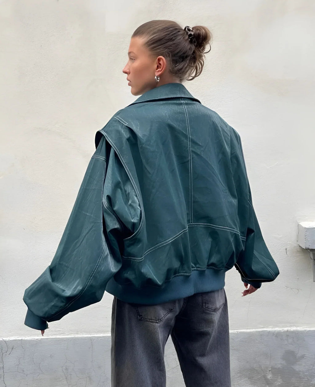 Women's Oversized Jacket with Contrast Seam Details - 9