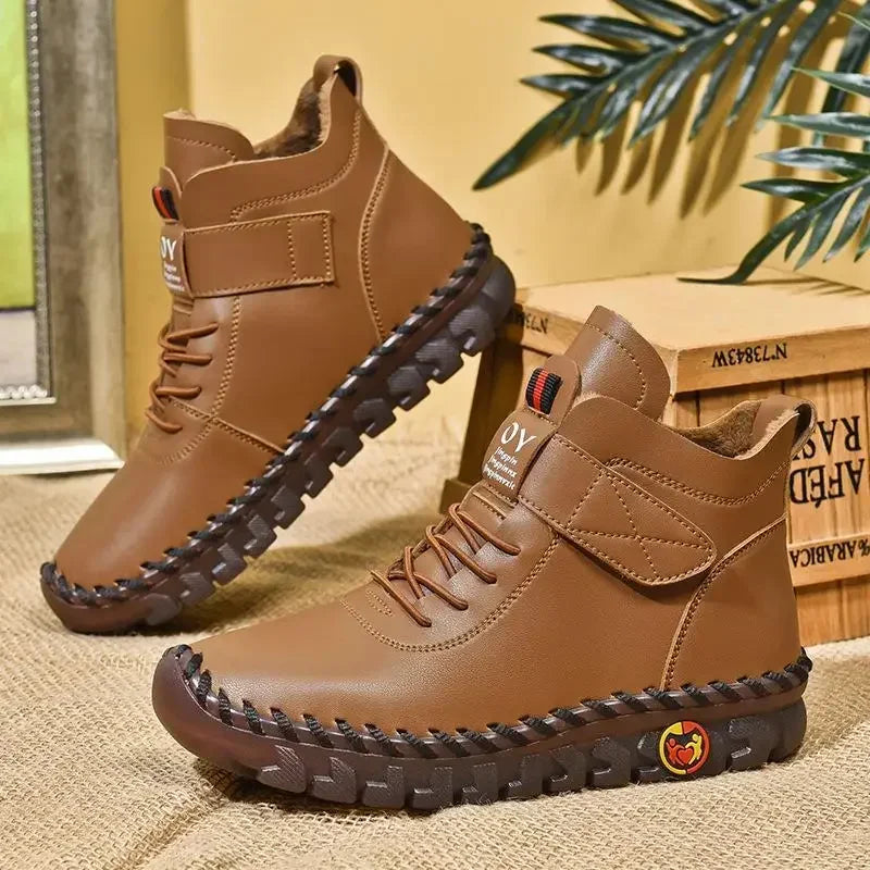Women's Lace-Up Ankle Boots with Rubber Sole - Brown
