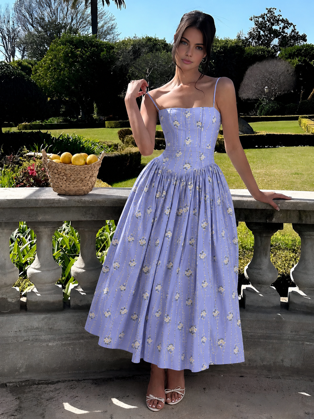 Women's Corset Midi Dress Strapless with Flowing Skirt - Sky Blue