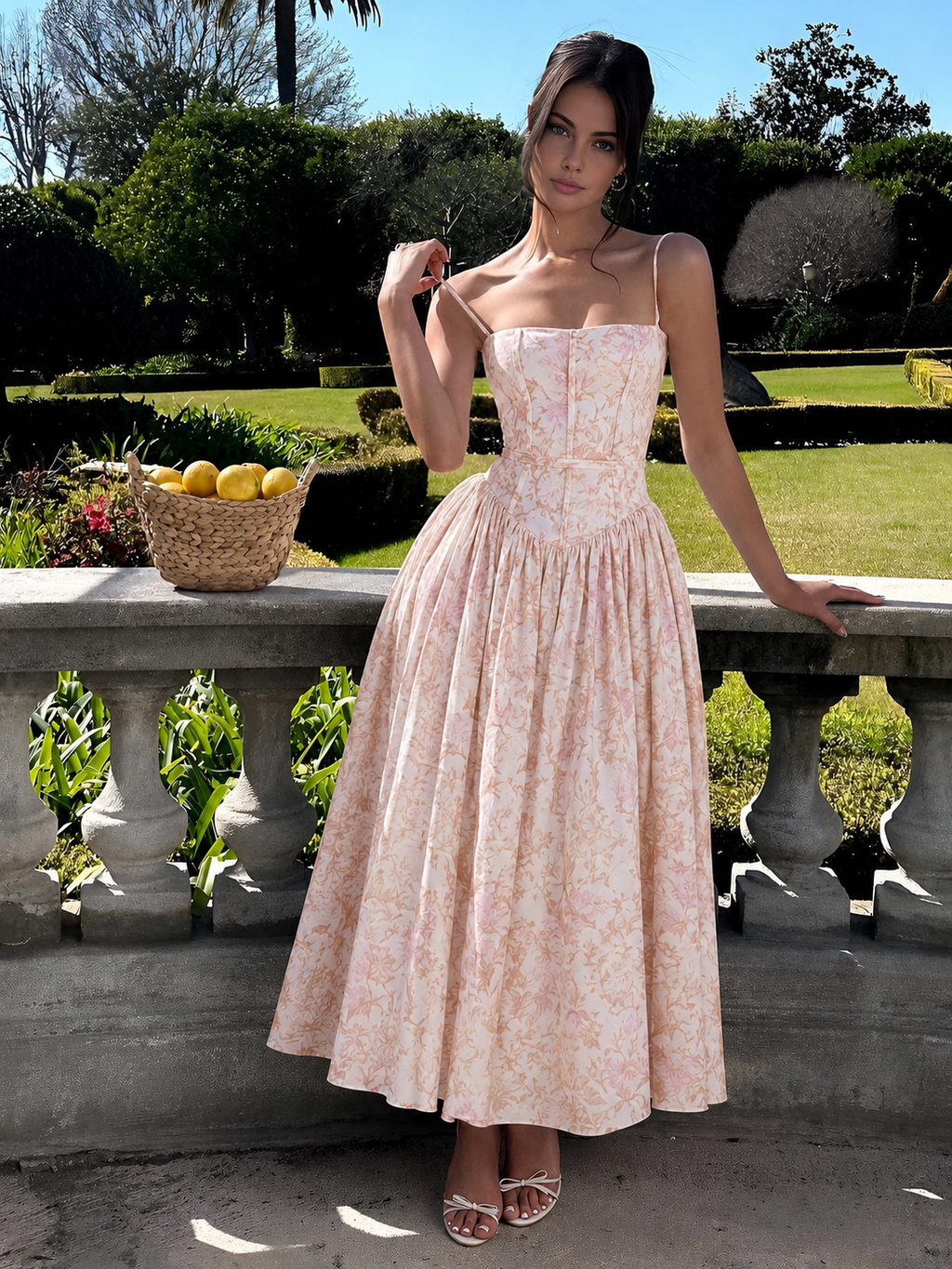 Women's Corset Midi Dress Strapless with Flowing Skirt - Pink